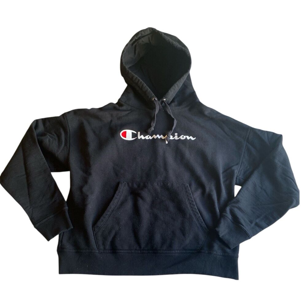 Champion Womens Black Hooded Sweatshirt Size Medium, Front Pocket RN 15763